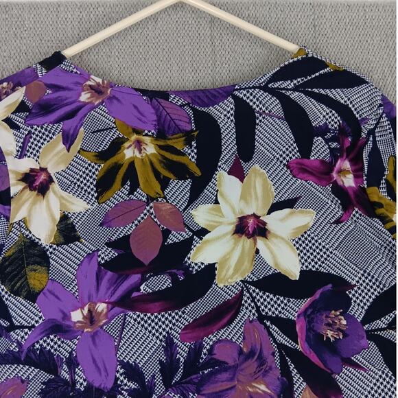Susan Graver Liquid Knit Blouse Womens L Purple/Black Floral Boho Chiffon Ruffle - Picture 11 of 15